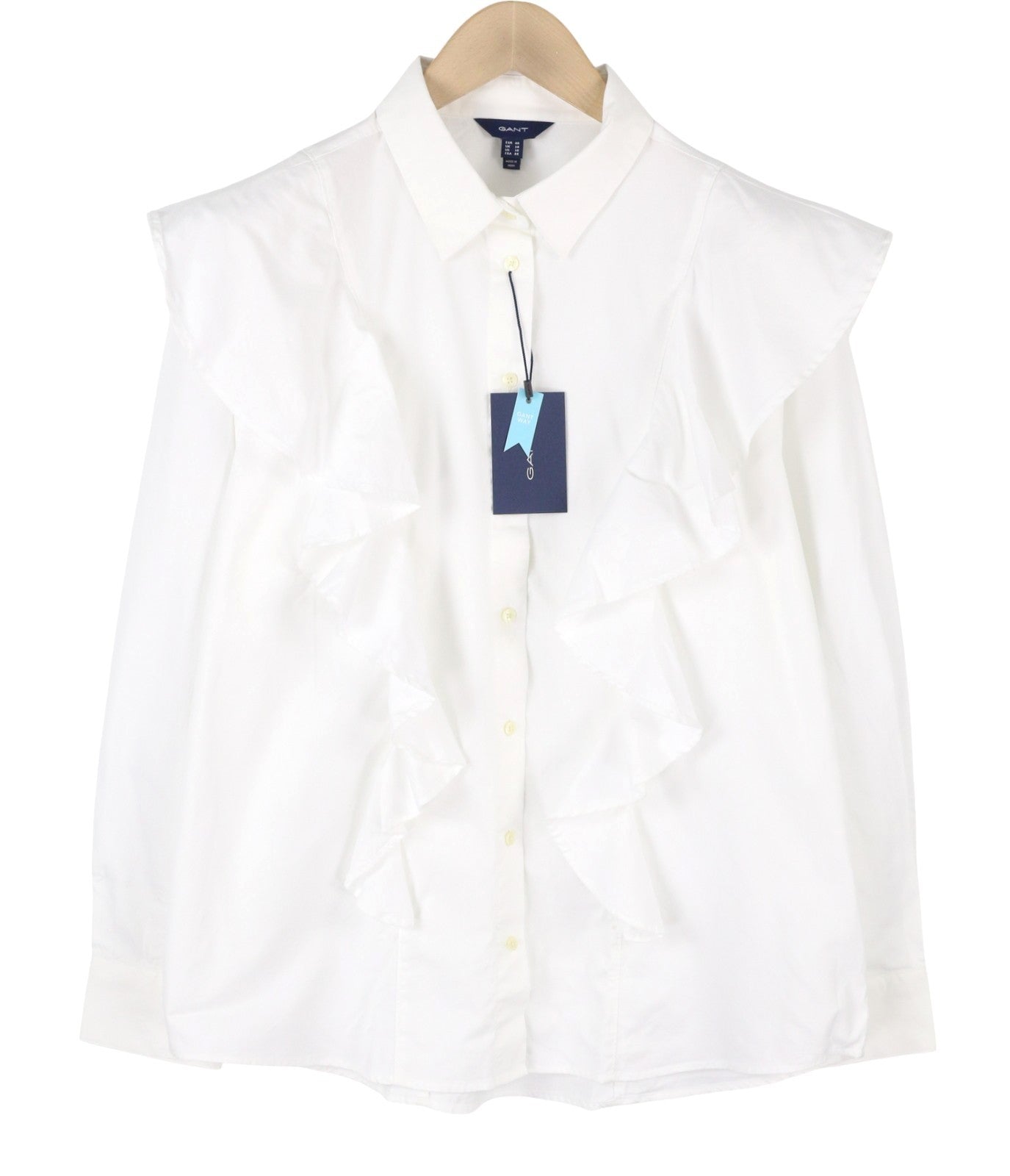 GANT Frill Women Shirt EU46 XL White Oxford Ruffle Button-Up Spread Neck