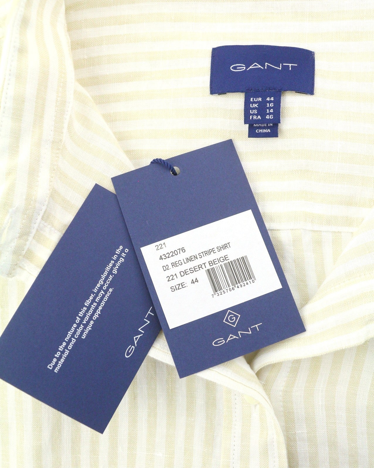 GANT Reg Linen Stripe Women Shirt EU44 XL Desert Beige Button-Up Spread Neck