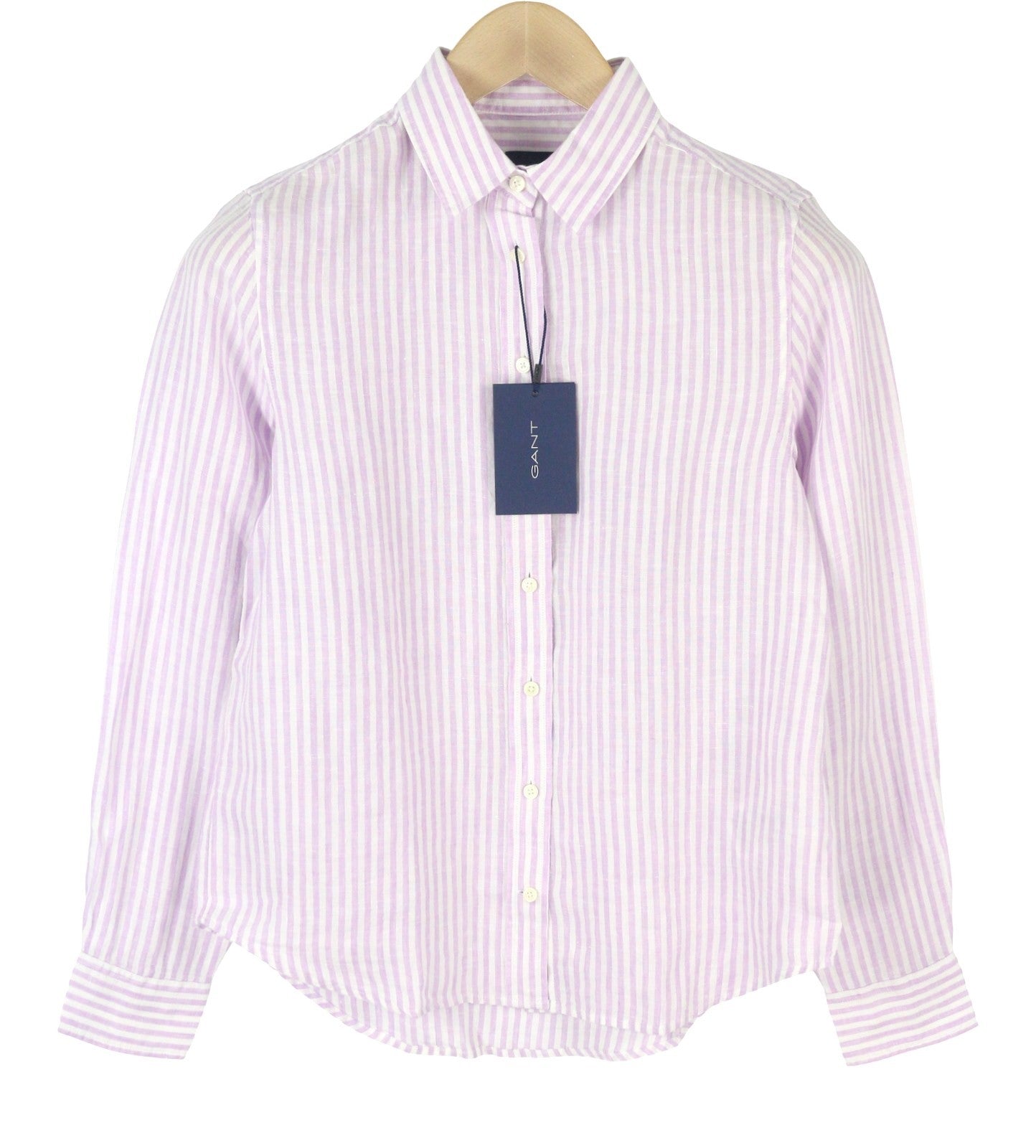 GANT Reg Linen Stripe Women Shirt EU34 XS Crocus Purple Button-Up Spread Neck