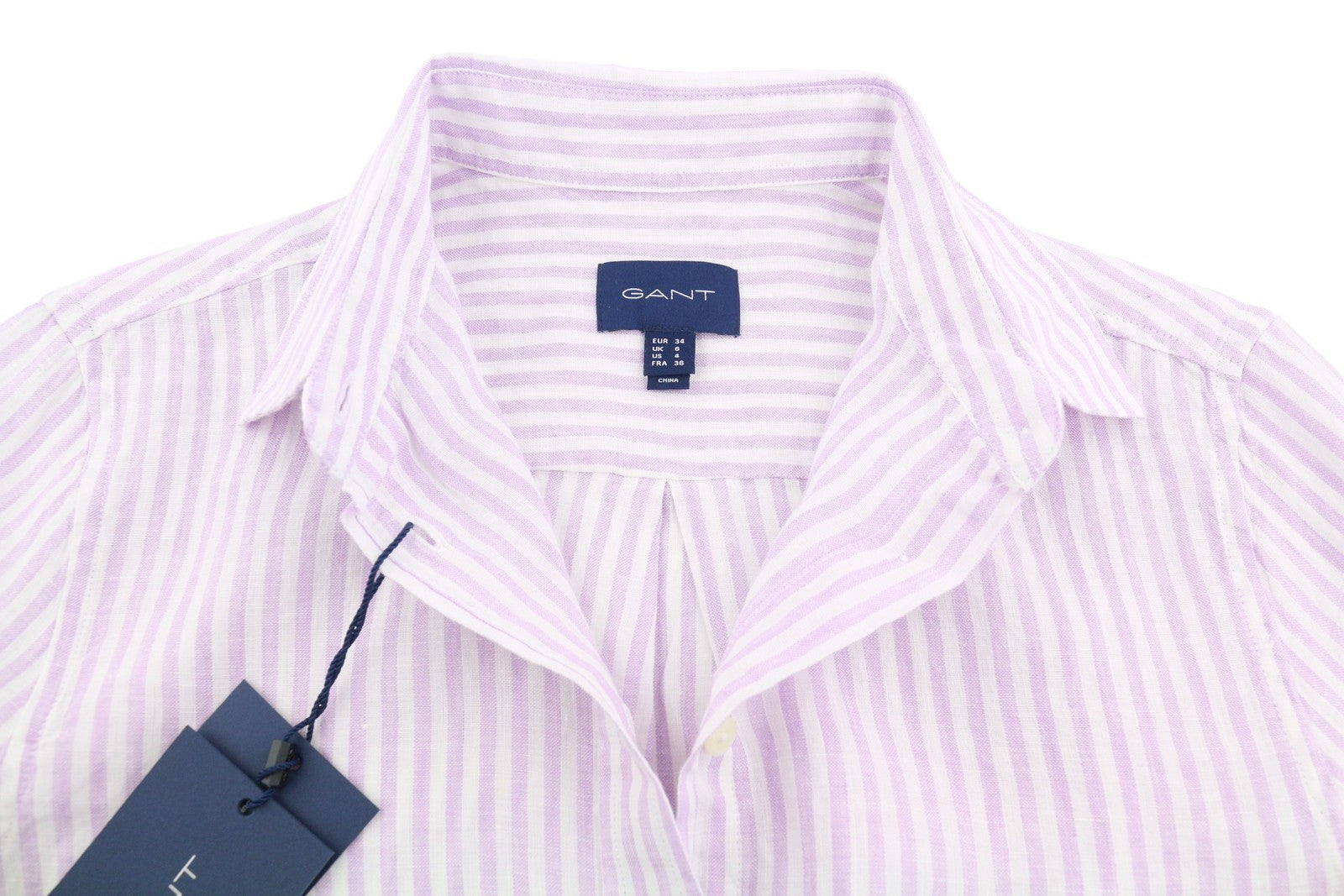 GANT Reg Linen Stripe Women Shirt EU34 XS Crocus Purple Button-Up Spread Neck