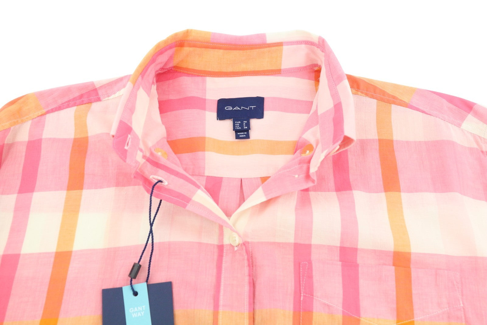GANT Rel Wide Cuff Madras Women Shirt EU36 S Preppy Pink Button-Up Oversized