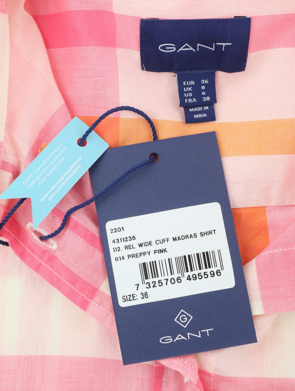 GANT Rel Wide Cuff Madras Women Shirt EU36 S Preppy Pink Button-Up Oversized