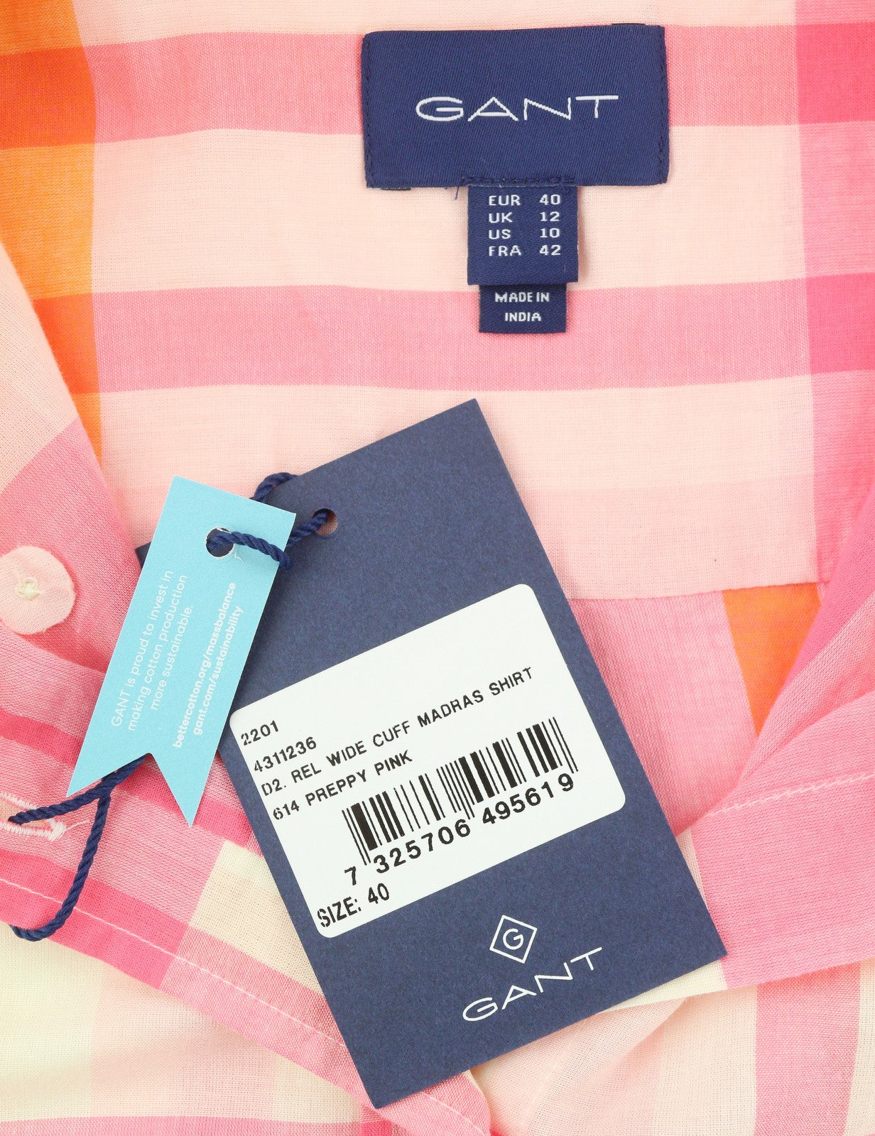 GANT Rel Wide Cuff Madras Women Shirt EU40 M Preppy Pink Button-Up Oversized