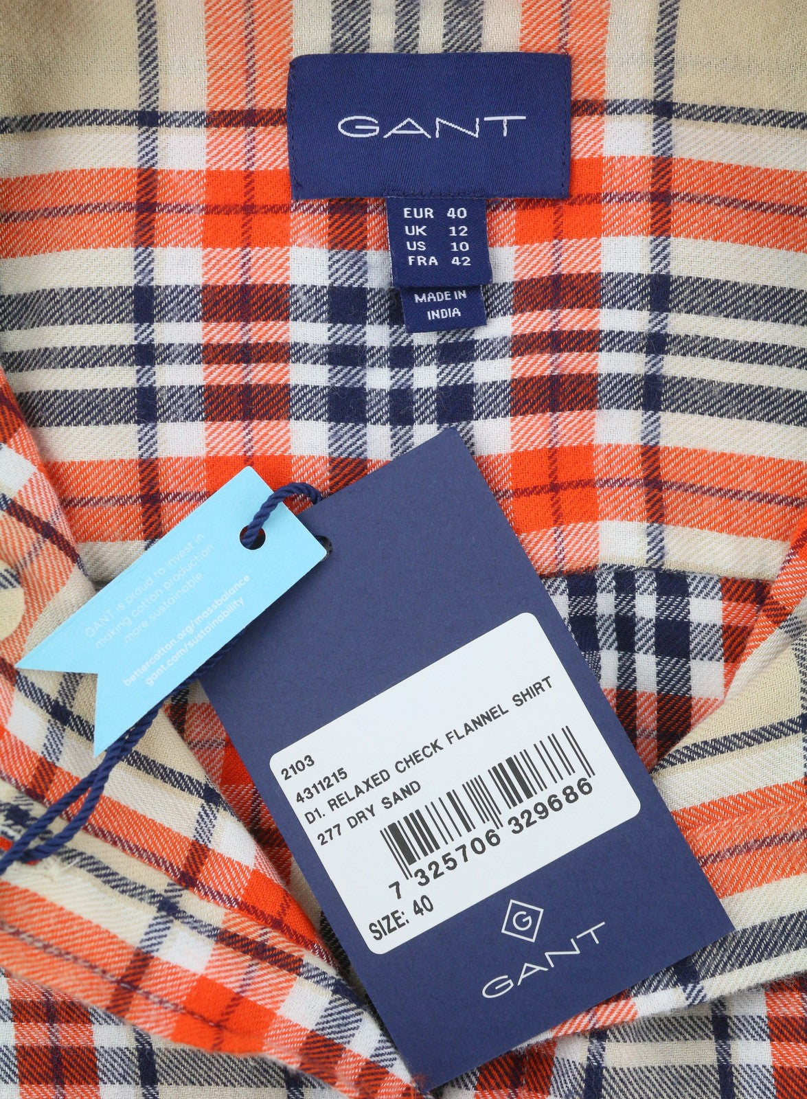 GANT Relaxed Check Flannel Women Shirt EU40 M Dry Sand Button-Up Patch Pocket