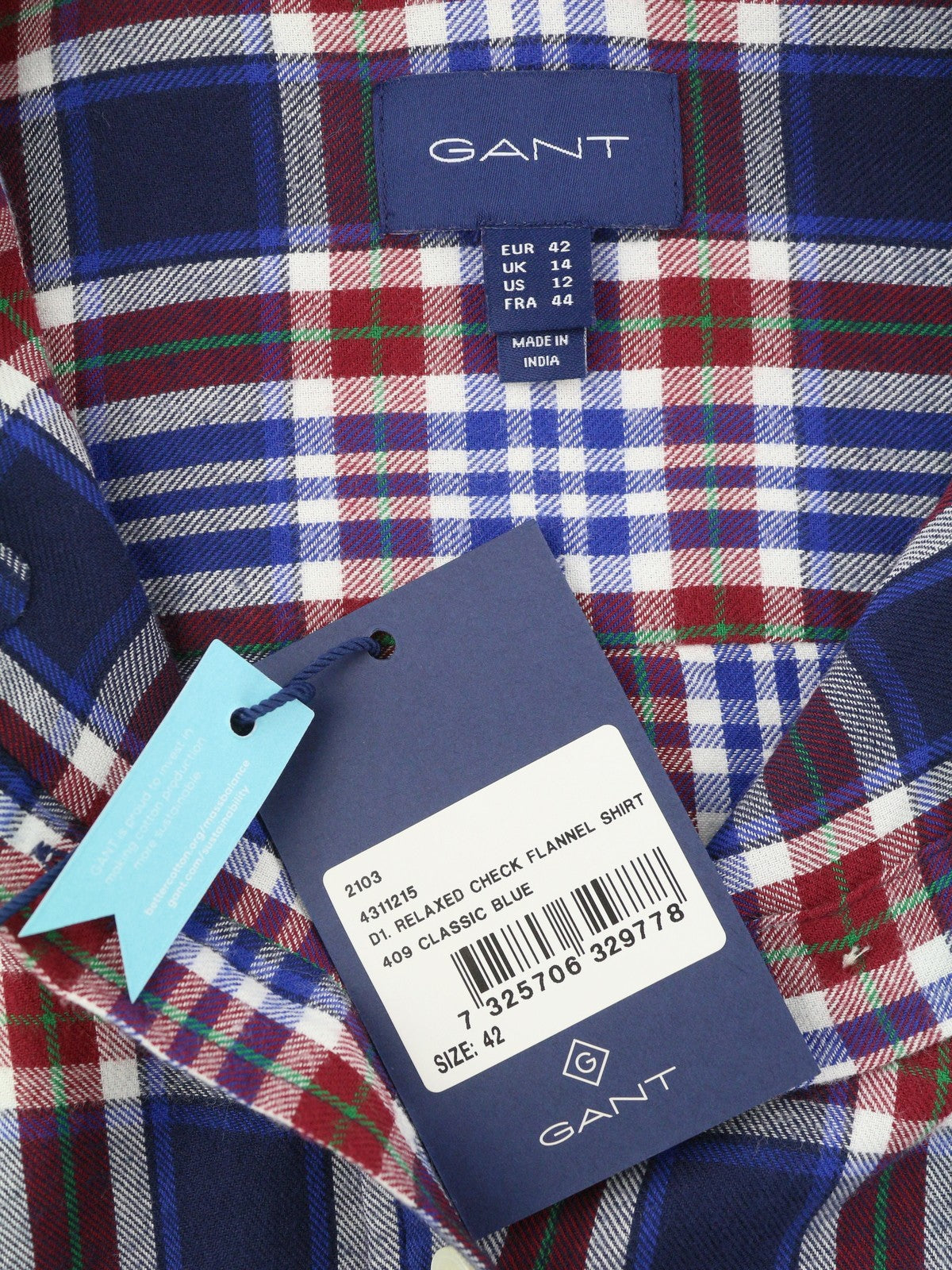 GANT Relaxed Check Flannel Women Shirt EU42 L Classic Blue Button-Up Patch