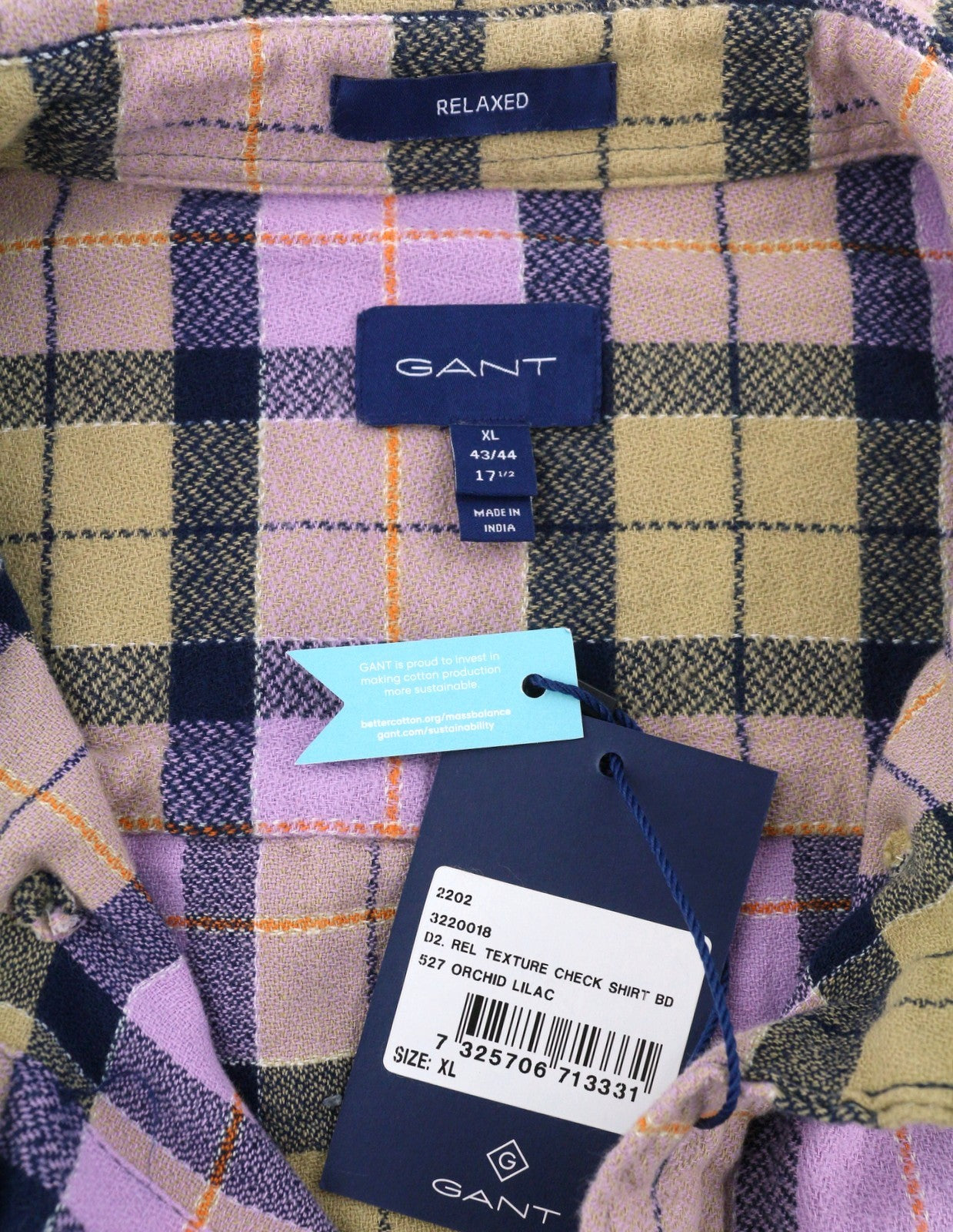 GANT Rel Texture Check Men Shirt XL Lilac Plaid Button-Up Pocket Casual