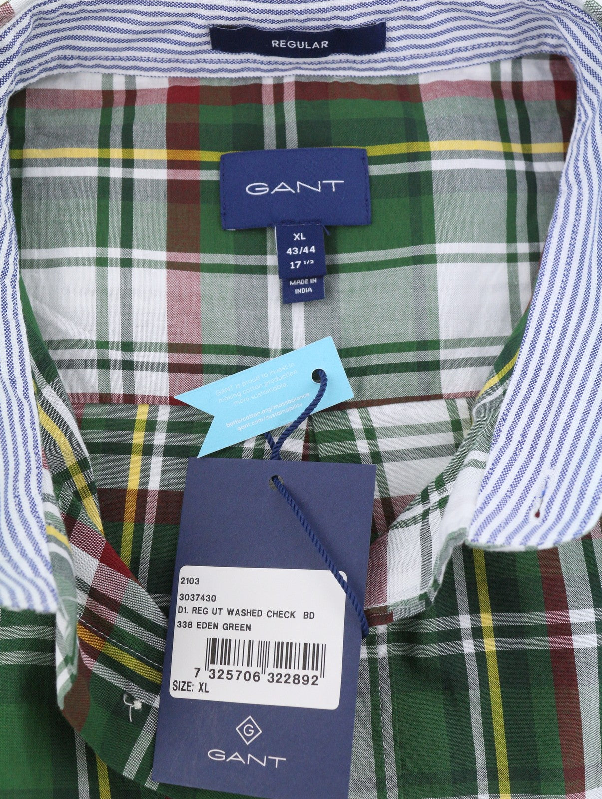 GANT Reg UT Washed Check Men Shirt XL Green Checked Button-Down Casual