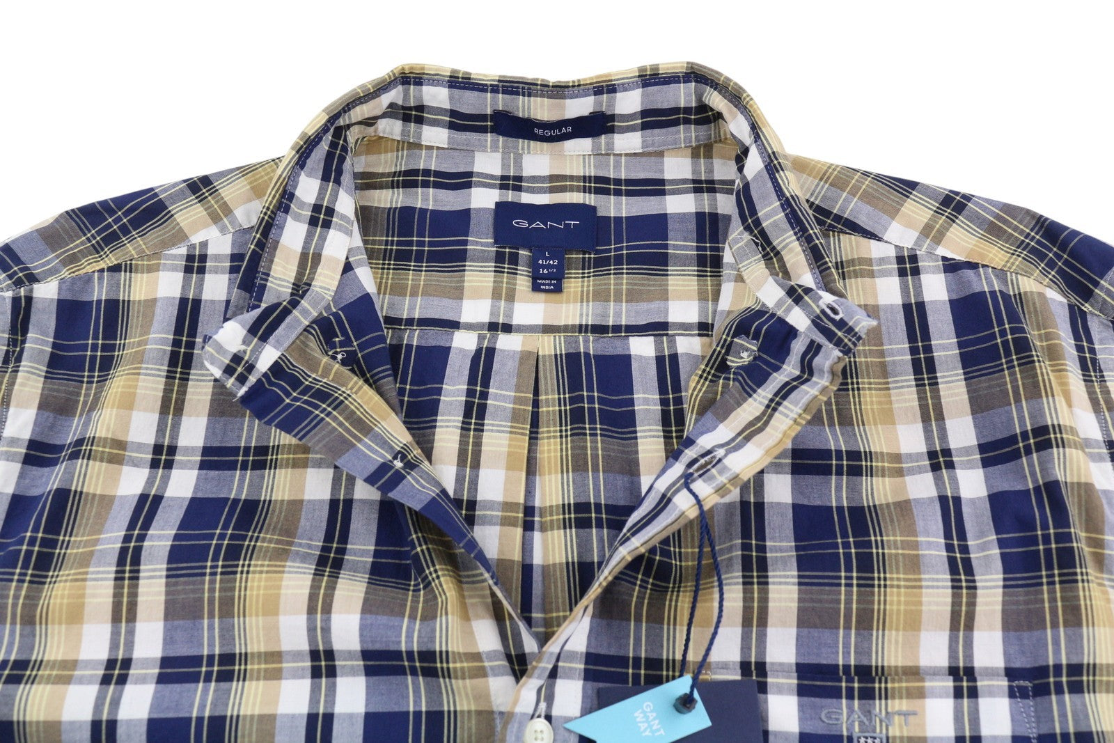 GANT Reg Washed Poplin Check Men Shirt L Beige Plaid Buttoned Casual Top
