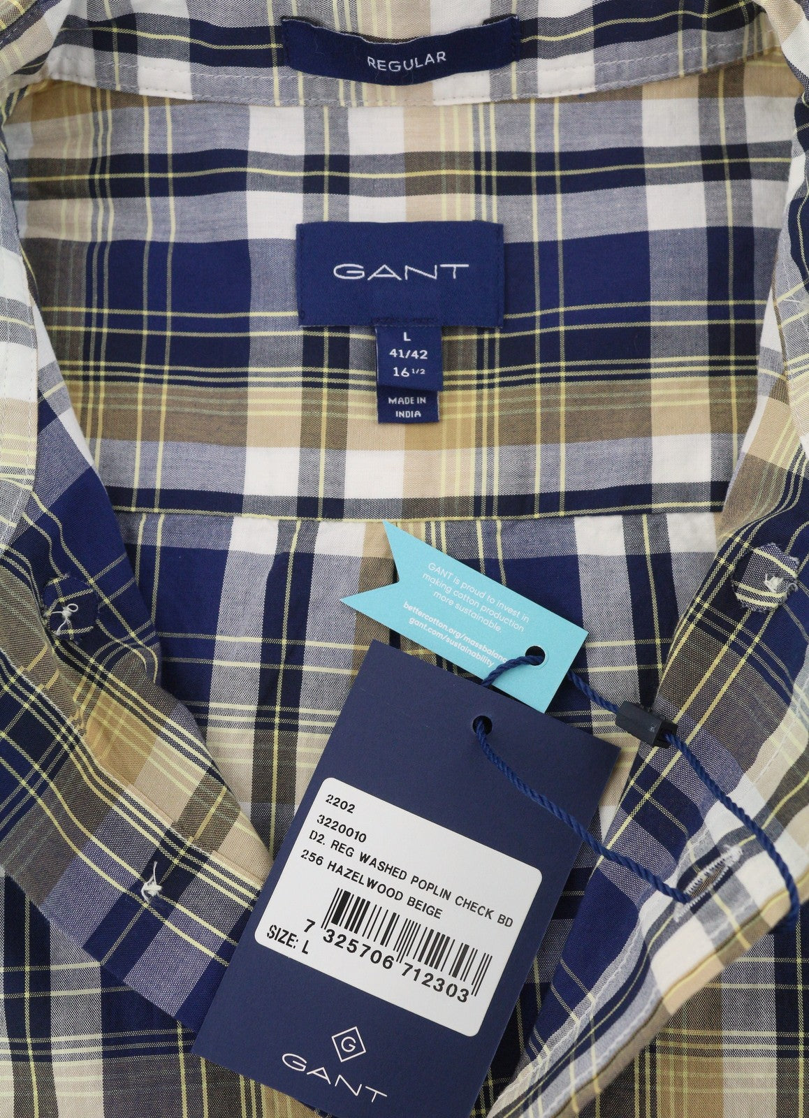GANT Reg Washed Poplin Check Men Shirt L Beige Plaid Buttoned Casual Top