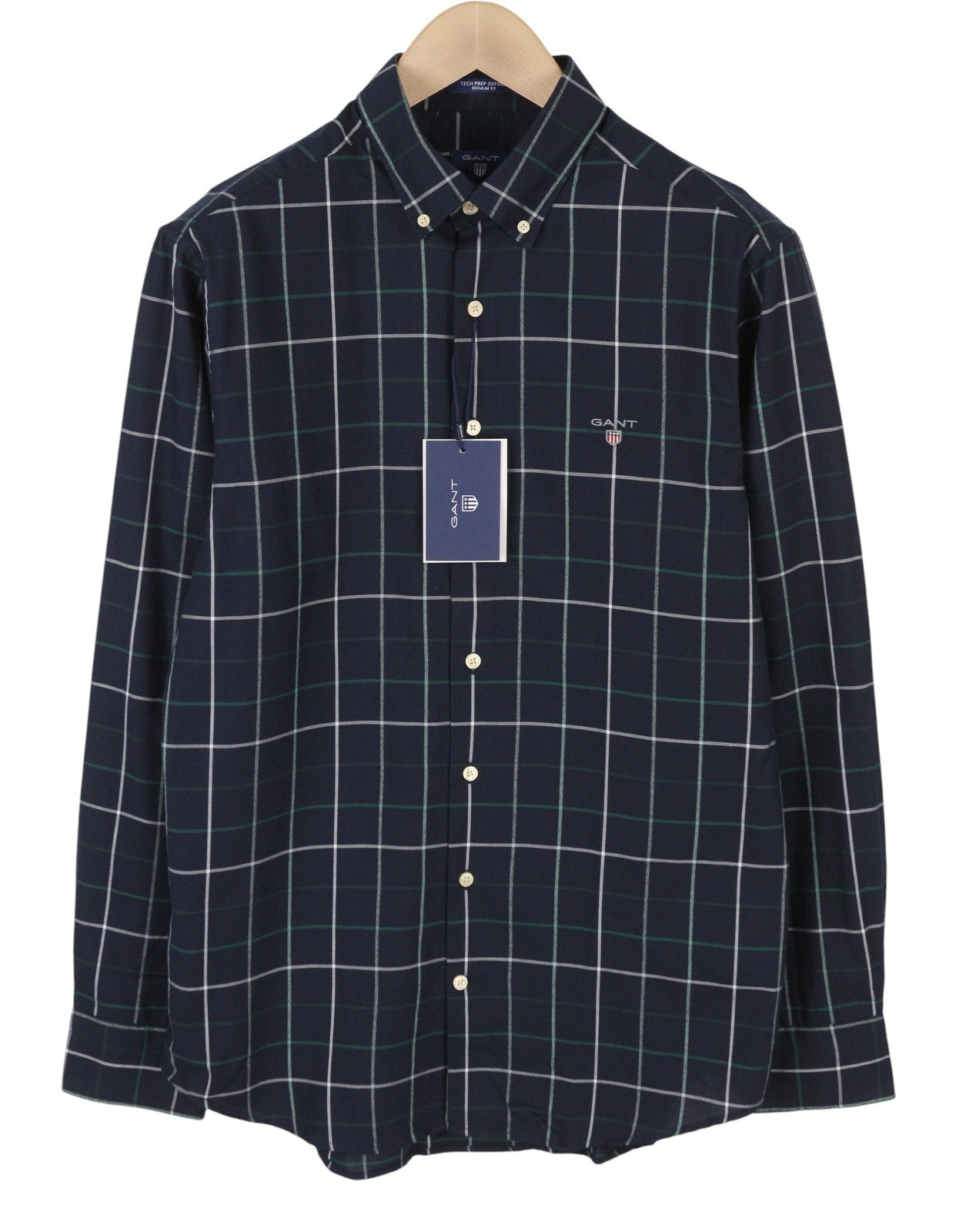 GANT Tech Prep Oxford Check Reg Men Shirt M Green Checked Buttoned Casual
