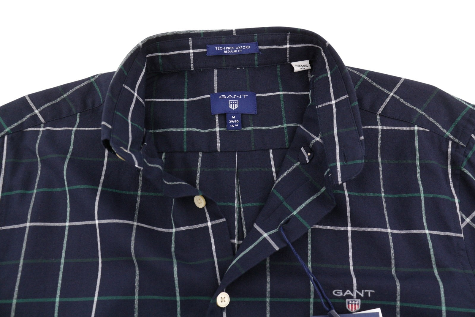 GANT Tech Prep Oxford Check Reg Men Shirt M Green Checked Buttoned Casual