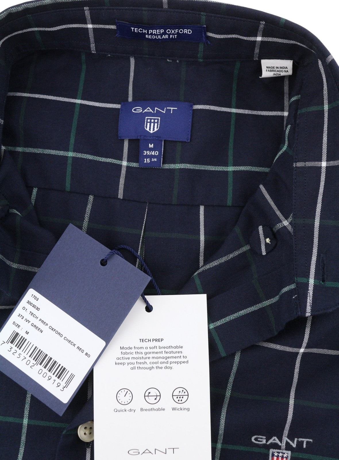 GANT Tech Prep Oxford Check Reg Men Shirt M Green Checked Buttoned Casual
