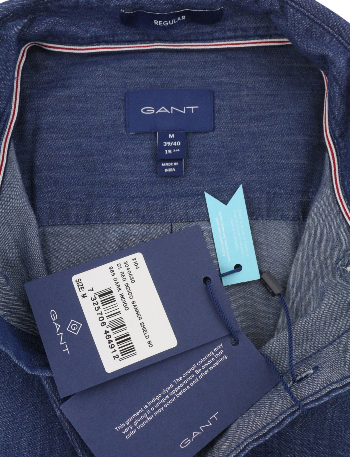 GANT Reg Indigo Banner Shield BD Men Shirt M Indigo Logo Buttoned Casual