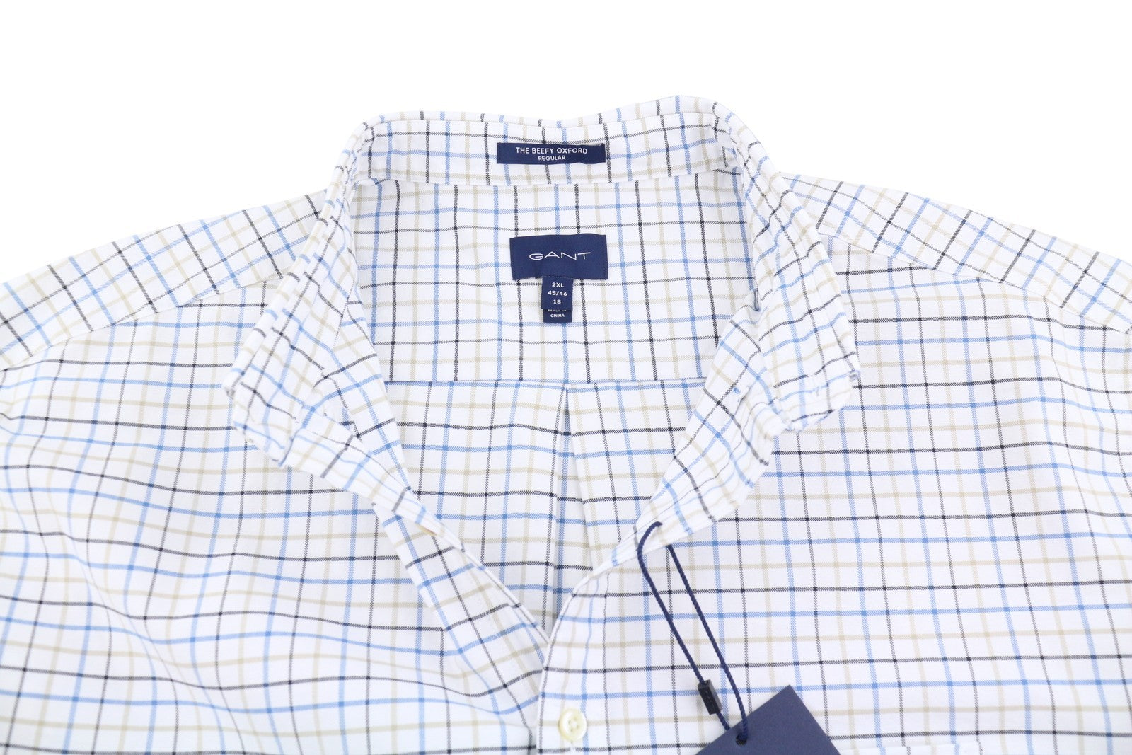 GANT The Beefy Oxford Check Reg BD Men Shirt 2XL Blue Plaid Pocket Casual