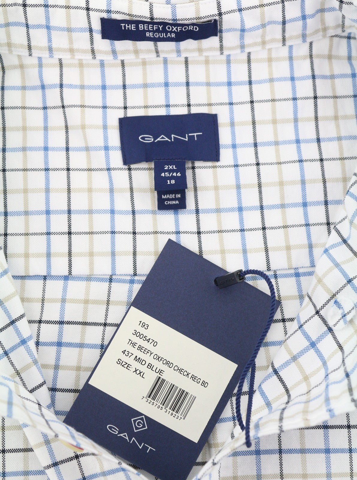 GANT The Beefy Oxford Check Reg BD Men Shirt 2XL Blue Plaid Pocket Casual