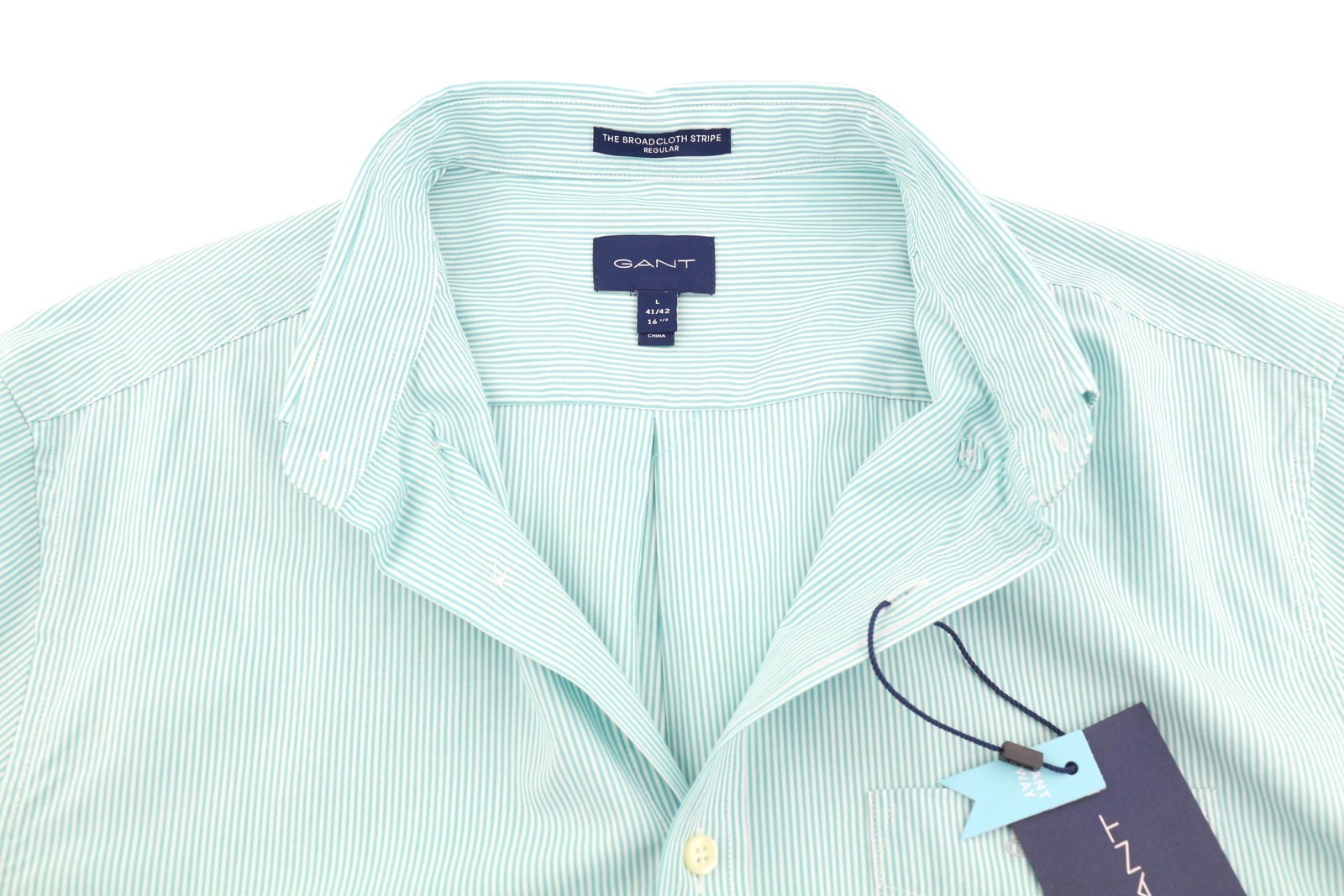 GANT Reg Broadcloth Banker BD Men Shirt L Aqua Striped Buttoned Casual Top