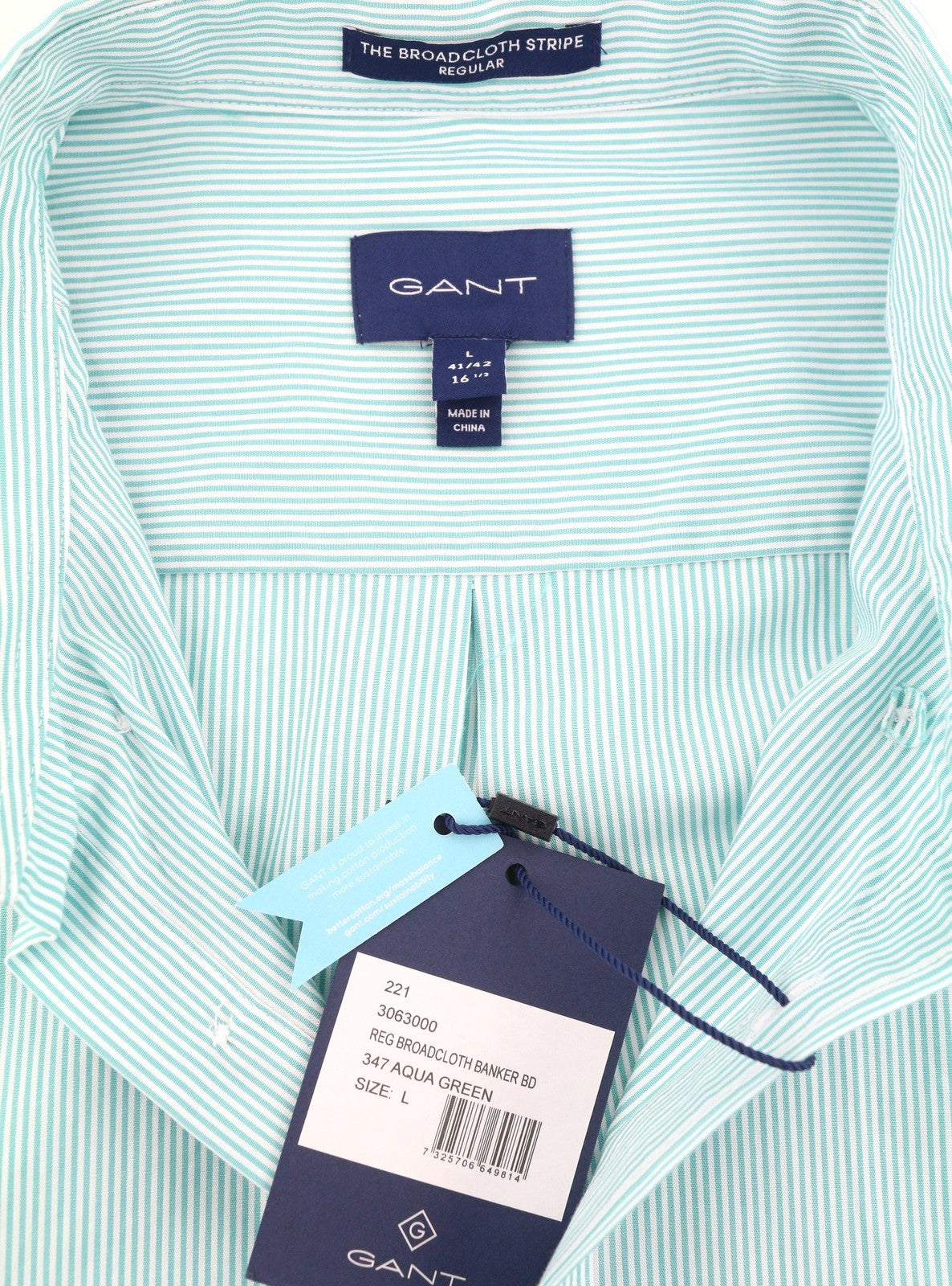 GANT Reg Broadcloth Banker BD Men Shirt L Aqua Striped Buttoned Casual Top