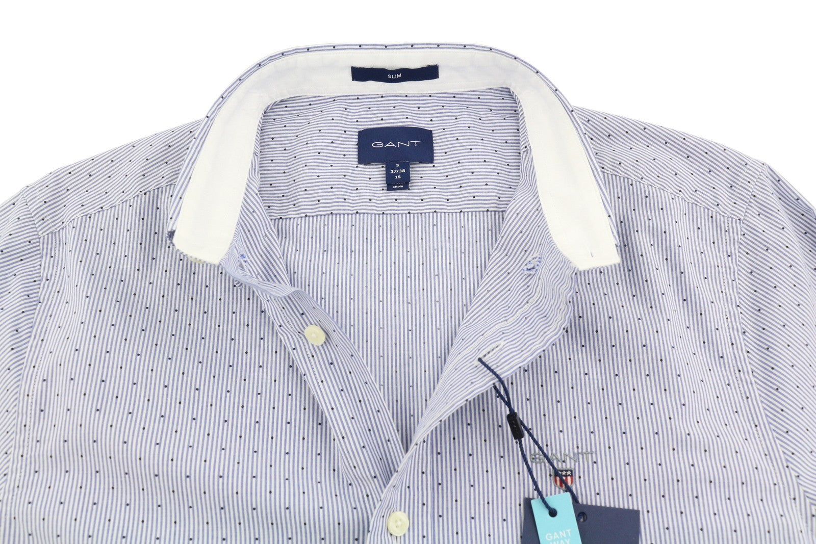 GANT Slim Banker Dot BD Men Shirt S Blue Dotted Stripe Buttoned Casual