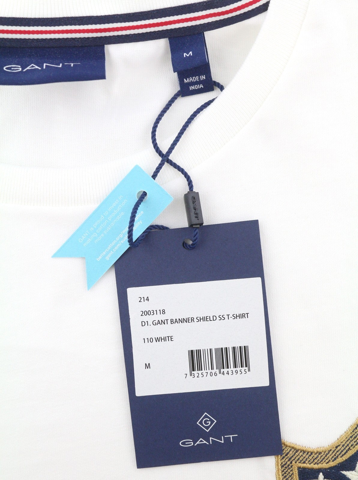 GANT Banner Shield SS Men T-Shirt M White Crew Neck Cotton Casual Tee