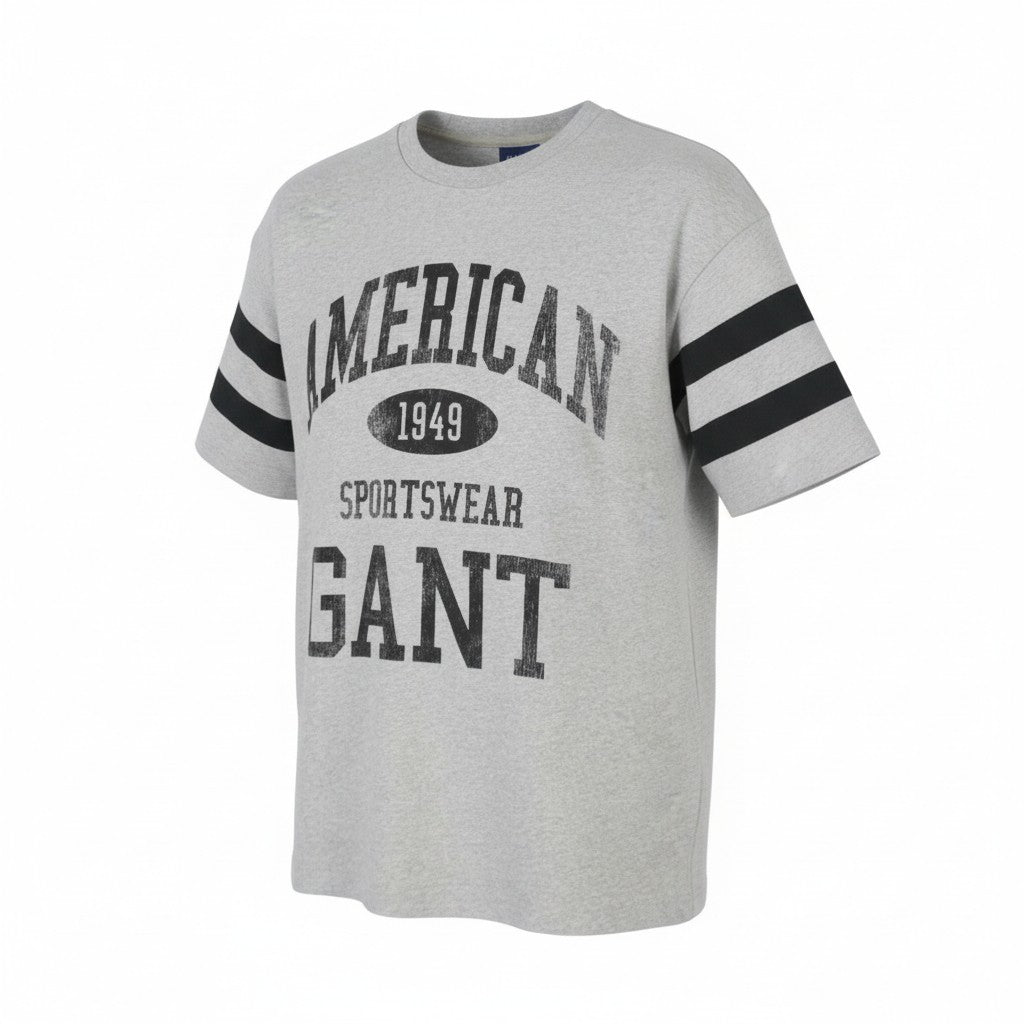 GANT Collegiate Men T-Shirt M Grey Melange Crew Neck Tricot Short Sleeve