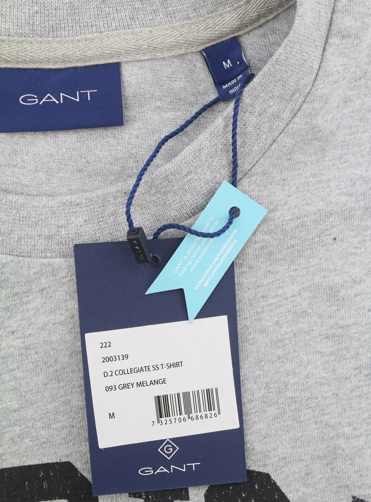 GANT Collegiate Men T-Shirt M Grey Melange Crew Neck Tricot Short Sleeve