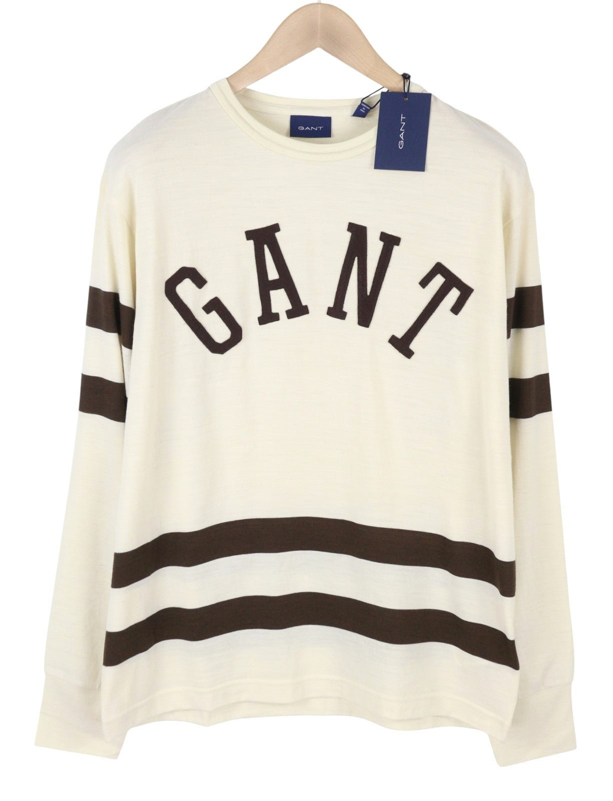 GANT Wool Jersey Men T-Shirt S Cream Logo Crew Neck Tricot Long Sleeve
