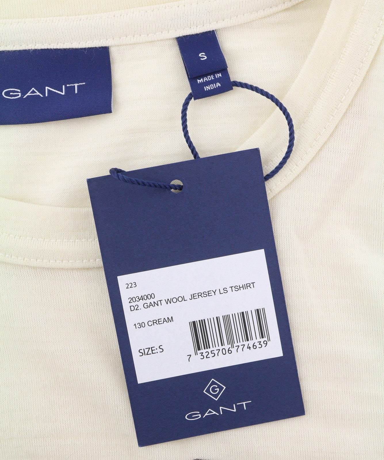GANT Wool Jersey Men T-Shirt S Cream Logo Crew Neck Tricot Long Sleeve
