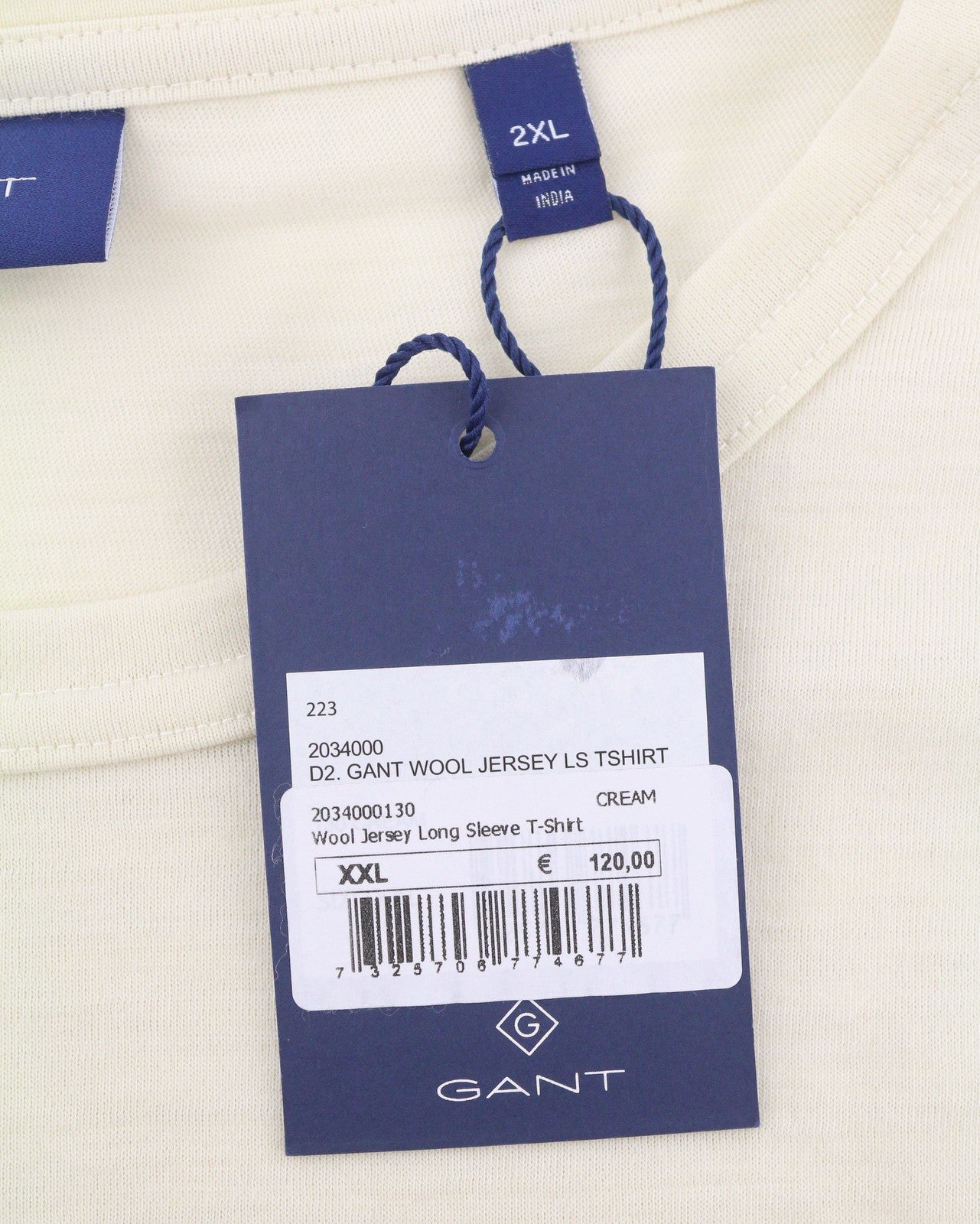 GANT Wool Jersey Men T-Shirt 2XL Cream Front Logo Tricot Long Sleeve