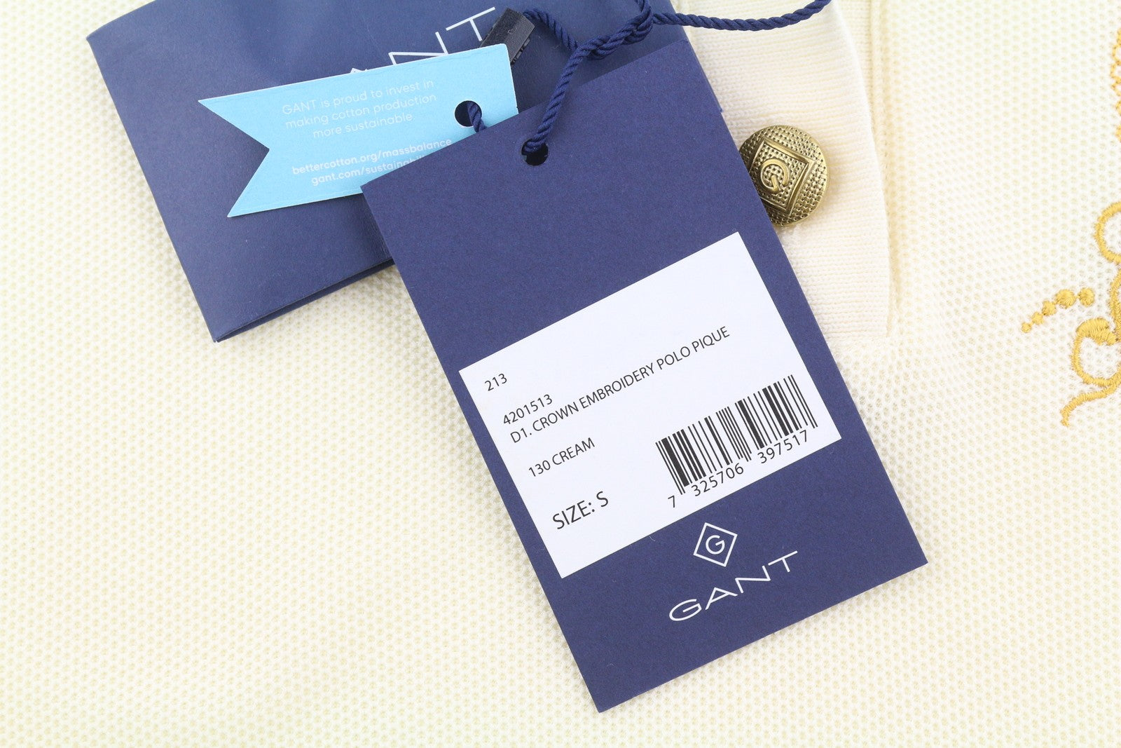 GANT Crown Embroidered Women T-Shirt S Cream Pique Textured Long Sleeve