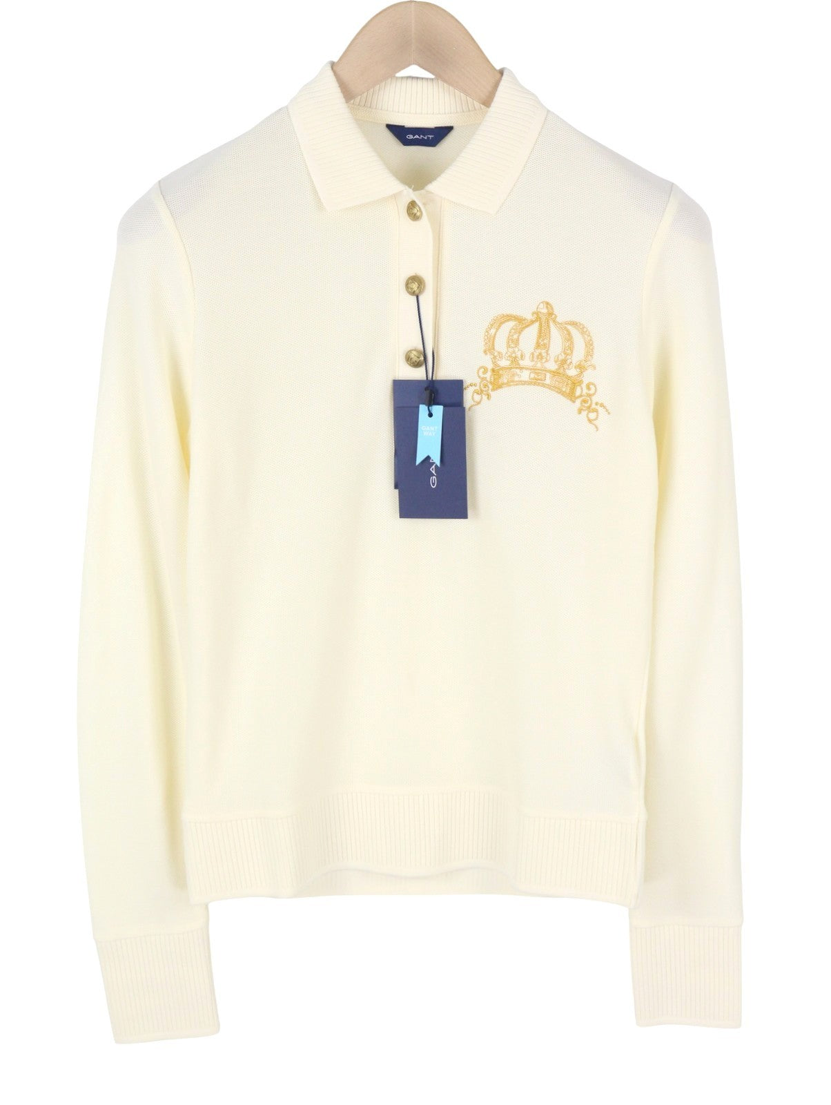 GANT Crown Embroidered Women T-Shirt S Cream Pique Textured Long Sleeve
