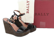 BALLY Clivya Women Sandals EU37.5 Black Patent Leather Slingback Wedges RRP479