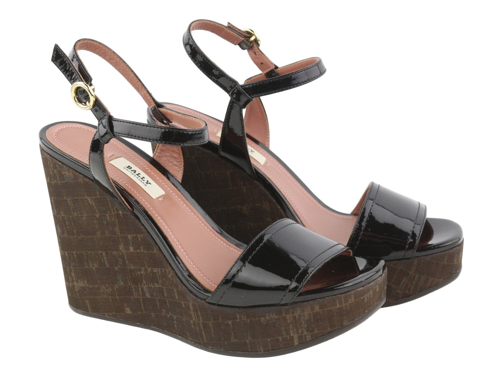 BALLY Clivya Women Sandals EU37.5 Black Patent Leather Slingback Wedges RRP479