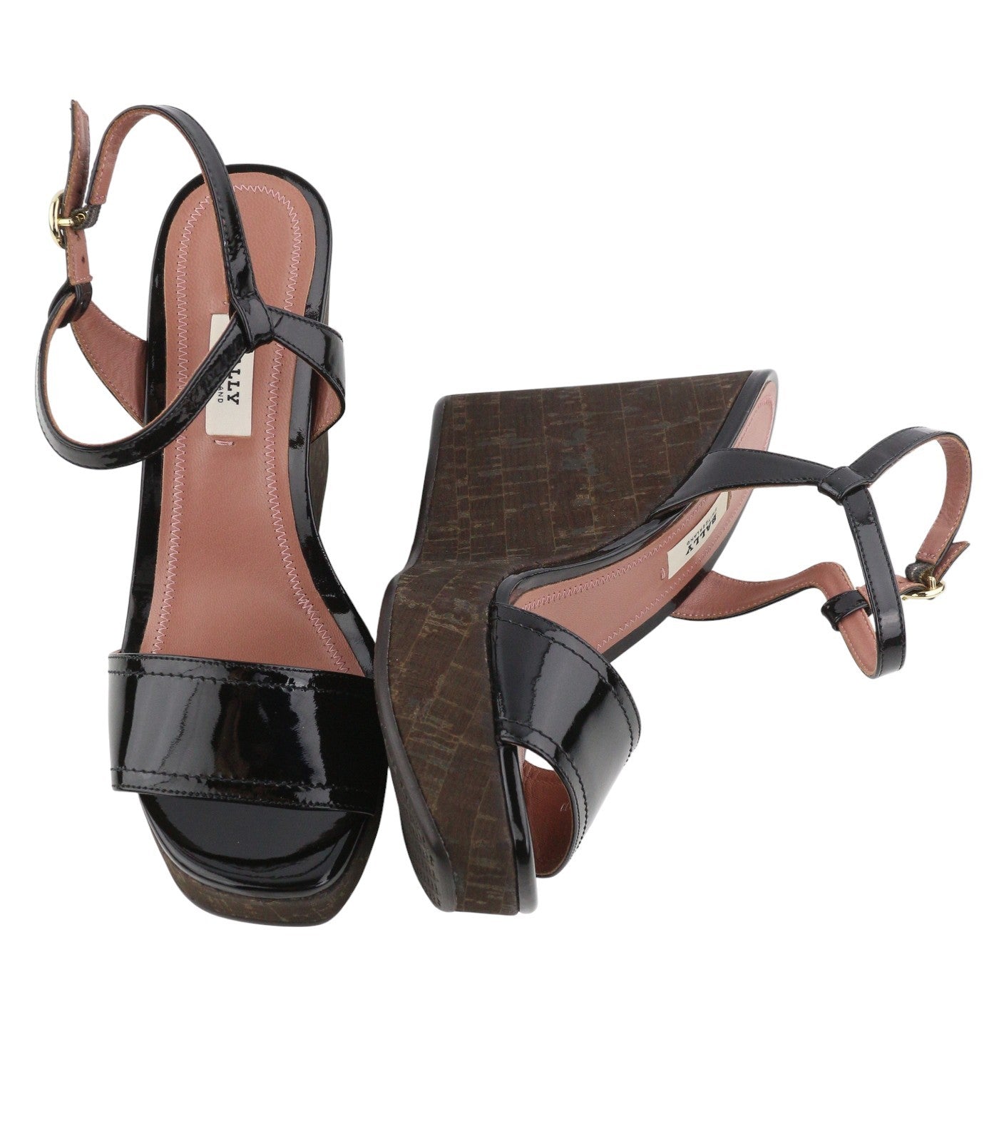 BALLY Clivya Women Sandals EU37.5 Black Patent Leather Slingback Wedges RRP479