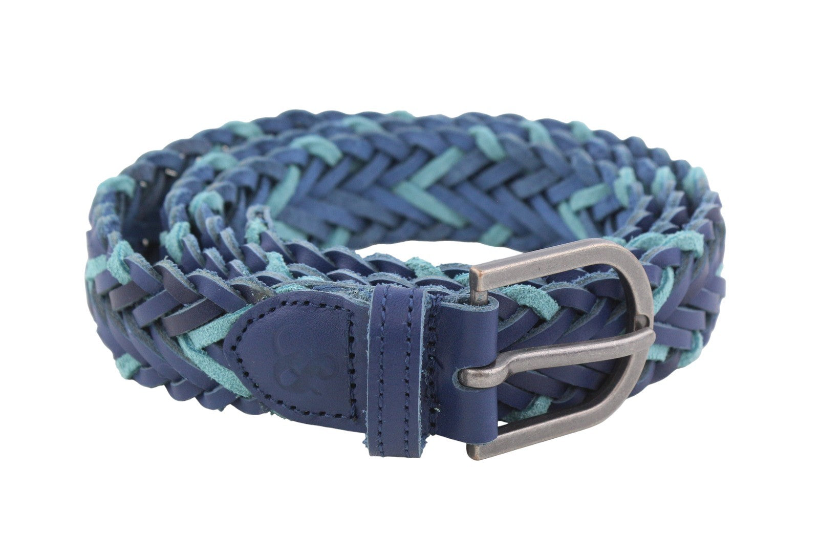 SCOTCH & SODA Men Belt 121 CM Blue Leather Braided Silver Buckle Casual