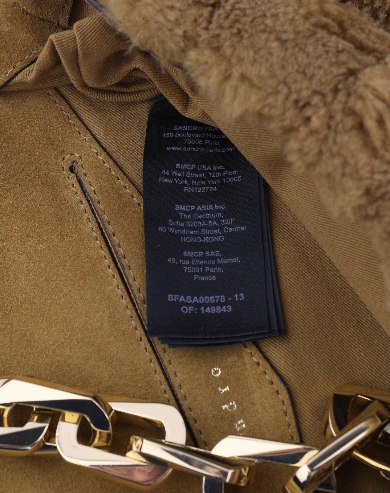 SANDRO Big Yza Curly Women Bag OS Camel Shearling Chain Shoulder RRP475