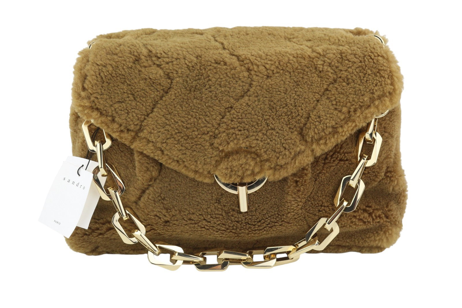SANDRO Big Yza Curly Women Bag OS Camel Shearling Chain Shoulder RRP475