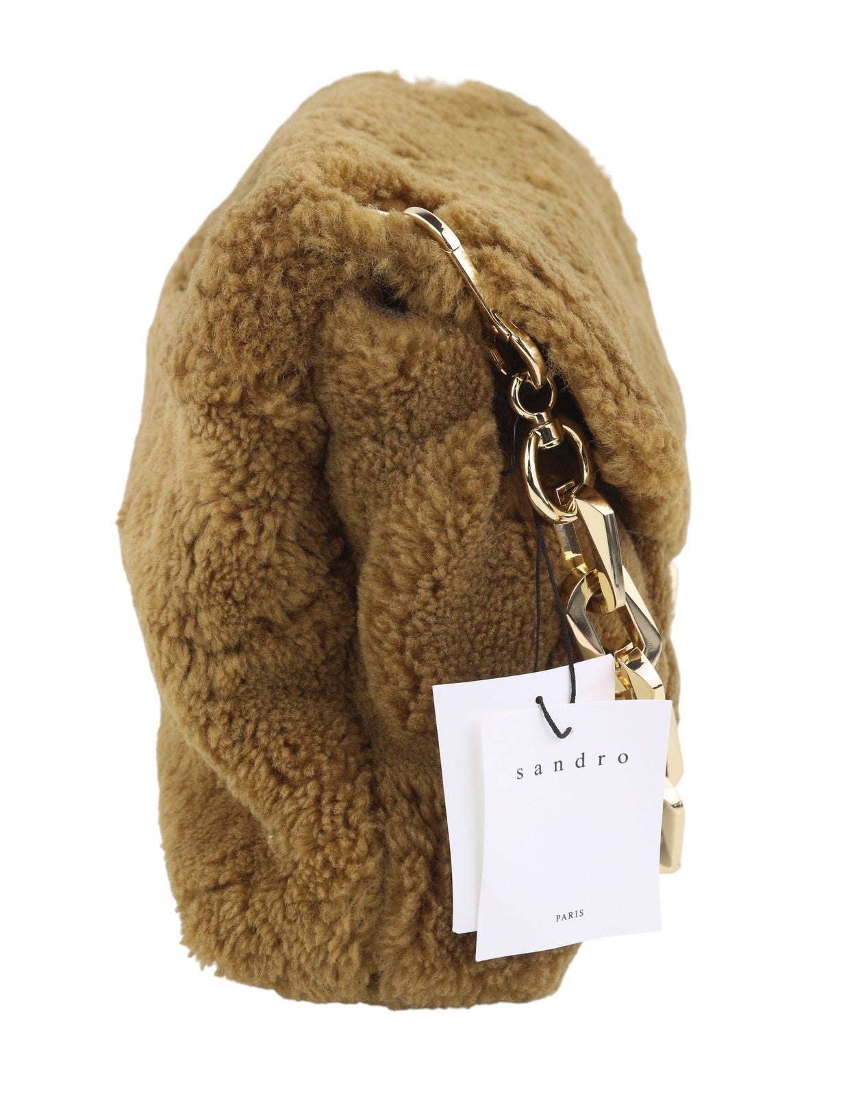 SANDRO Big Yza Curly Women Bag OS Camel Shearling Chain Shoulder RRP475