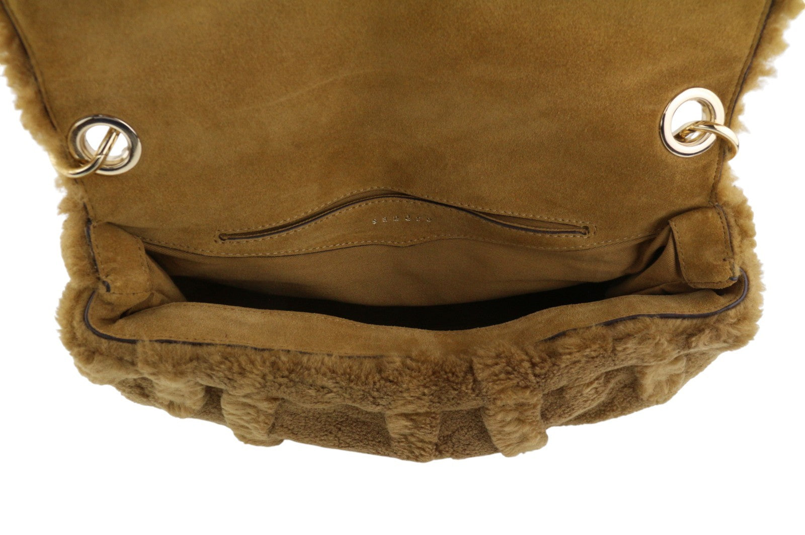 SANDRO Big Yza Curly Women Bag OS Camel Shearling Chain Shoulder RRP475