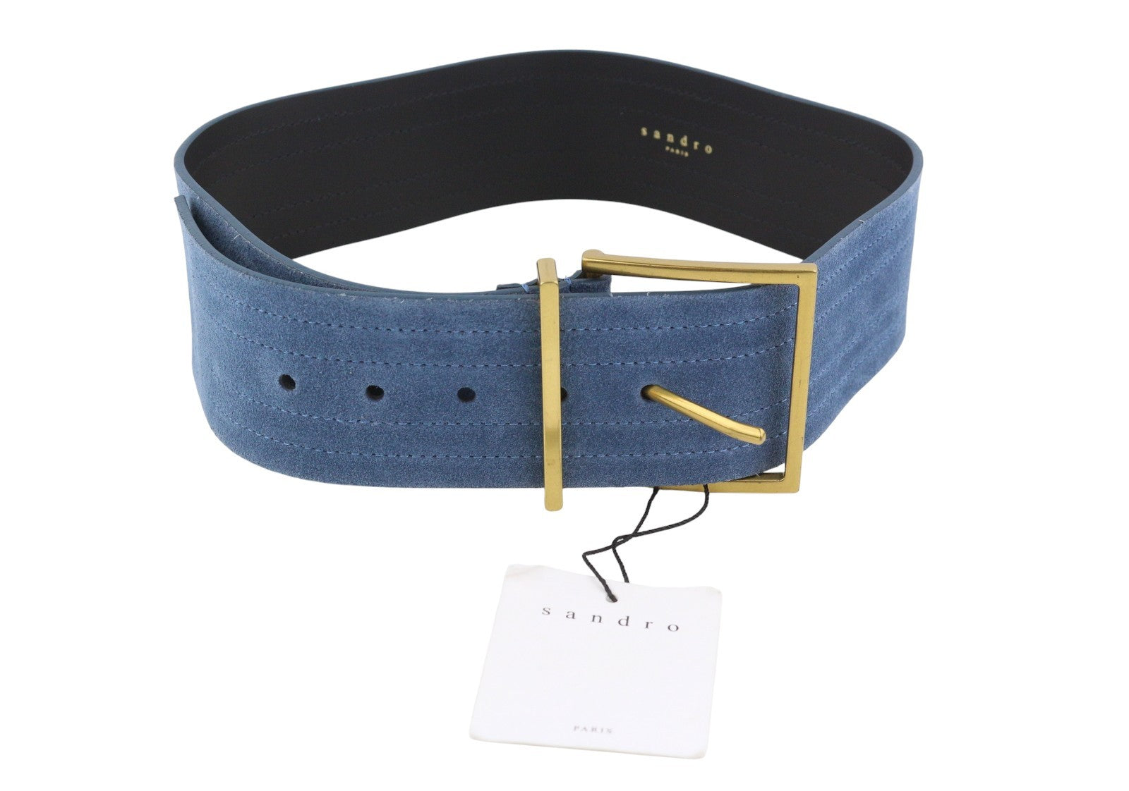 SANDRO Cameron Women Belt S Blue Suede Leather Wide Stitched Stripe Buckle