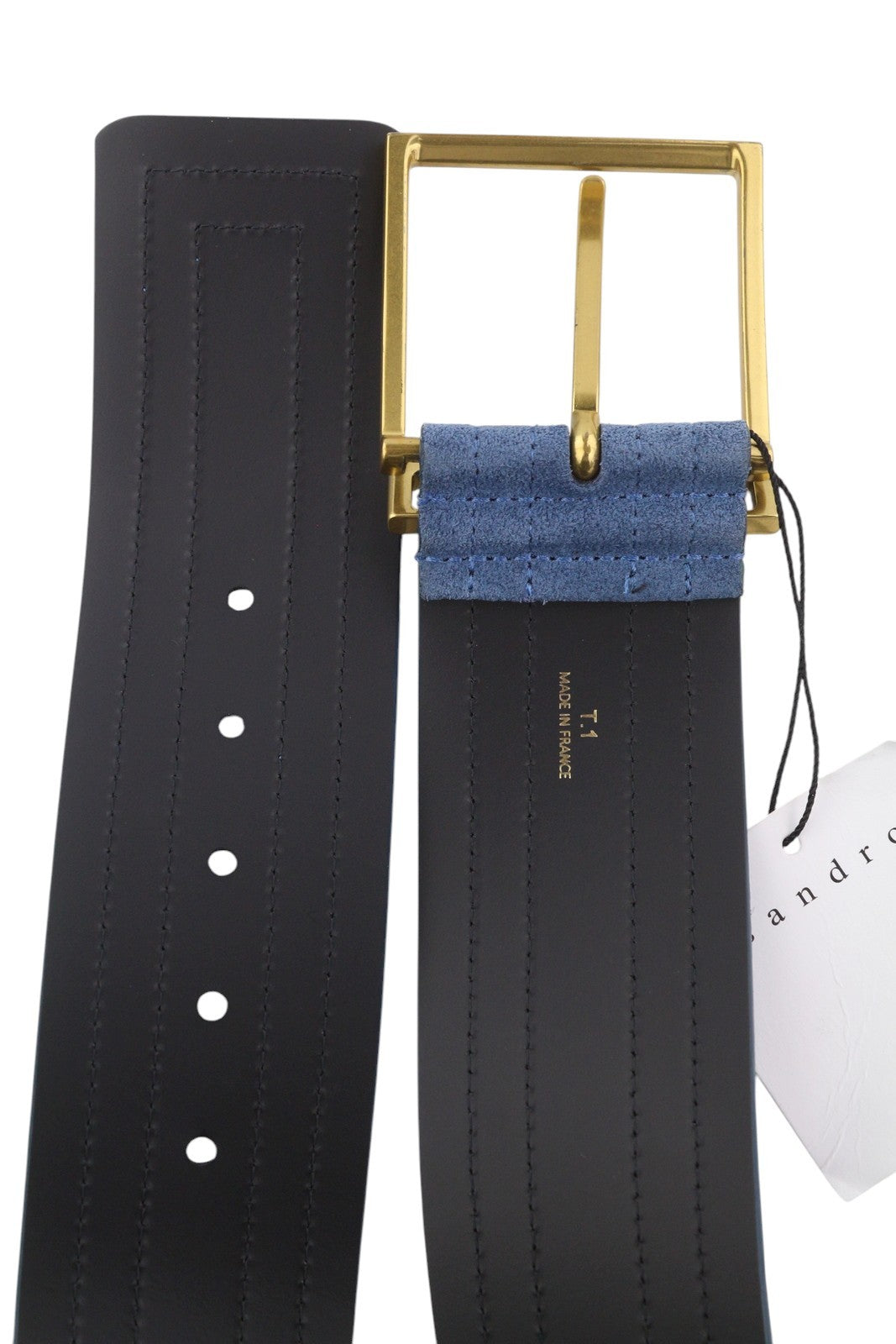 SANDRO Cameron Women Belt S Blue Suede Leather Wide Stitched Stripe Buckle