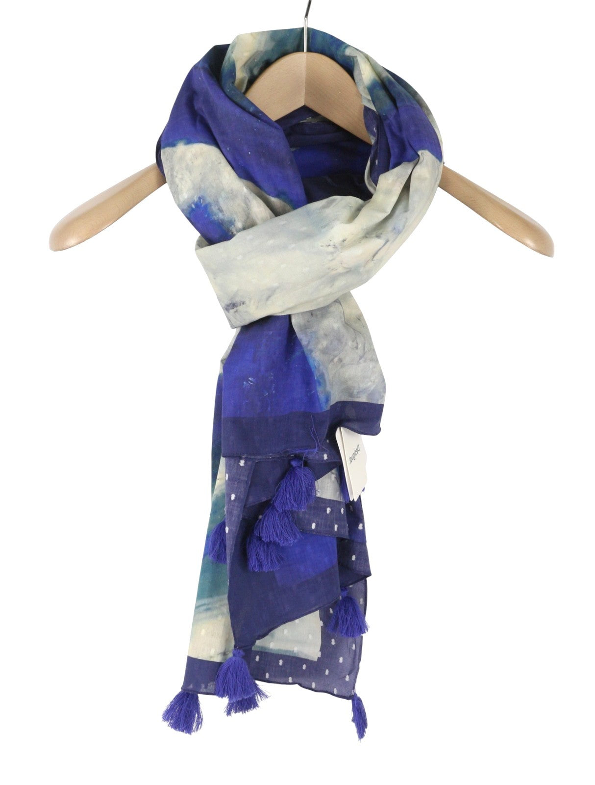 DESIGUAL Women Scarf OS Blue Cotton Artistic Print Foulard Fringed Edge