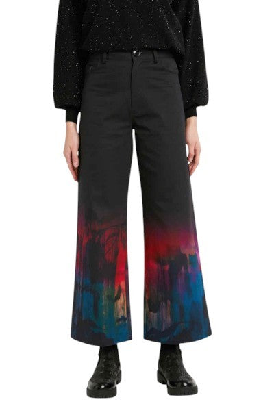 DESIGUAL Egipto Women Trousers W26 Black Wide Leg High Waist Ankle Pattern