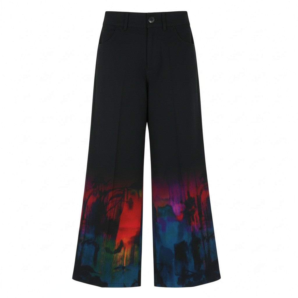DESIGUAL Egipto Women Trousers W26 Black Wide Leg High Waist Ankle Pattern
