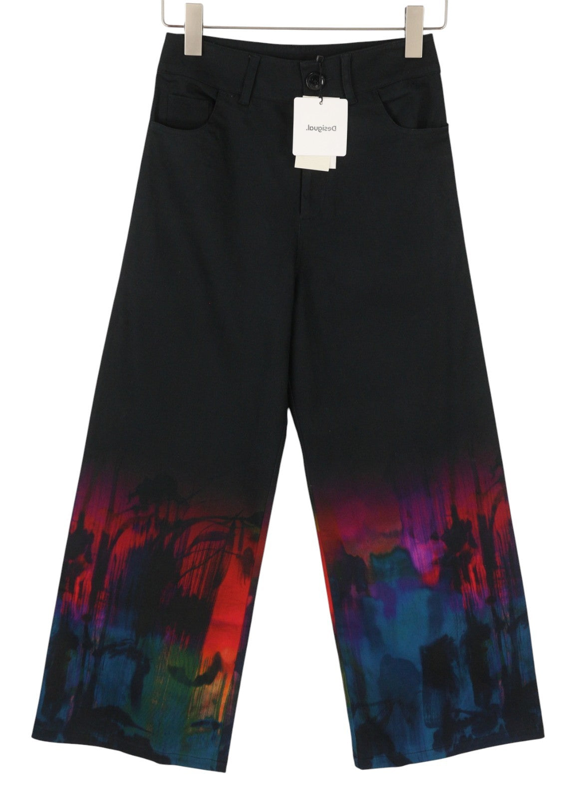 DESIGUAL Egipto Women Trousers W26 Black Wide Leg High Waist Ankle Pattern