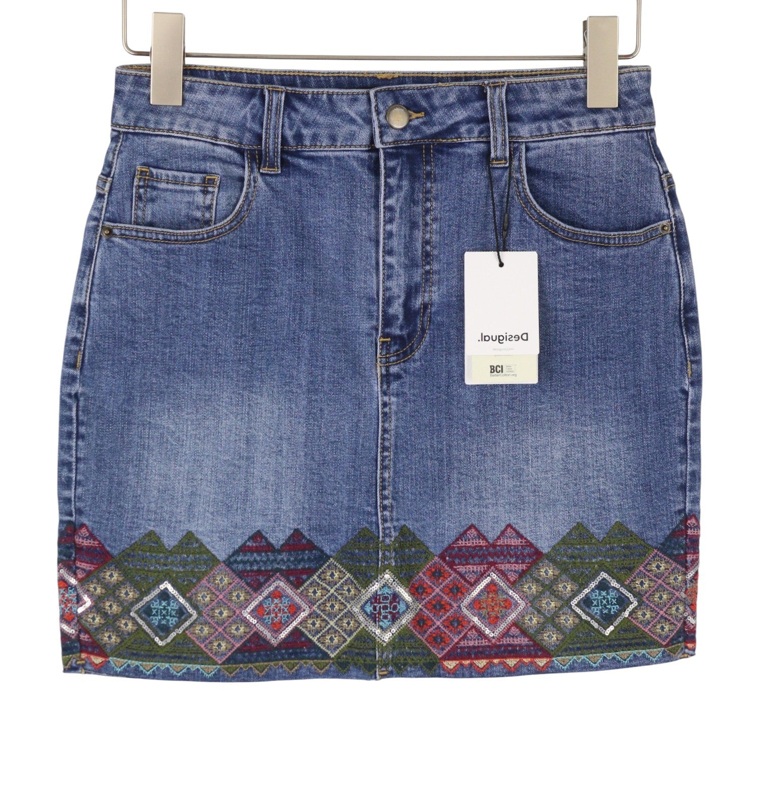 DESIGUAL Lausana Women Skirt W26 Denim Faded Embroidered Zip Mini