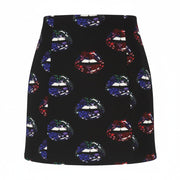 DESIGUAL Women Skirt XS Black Lips Print Fitted Zip Fly Mini
