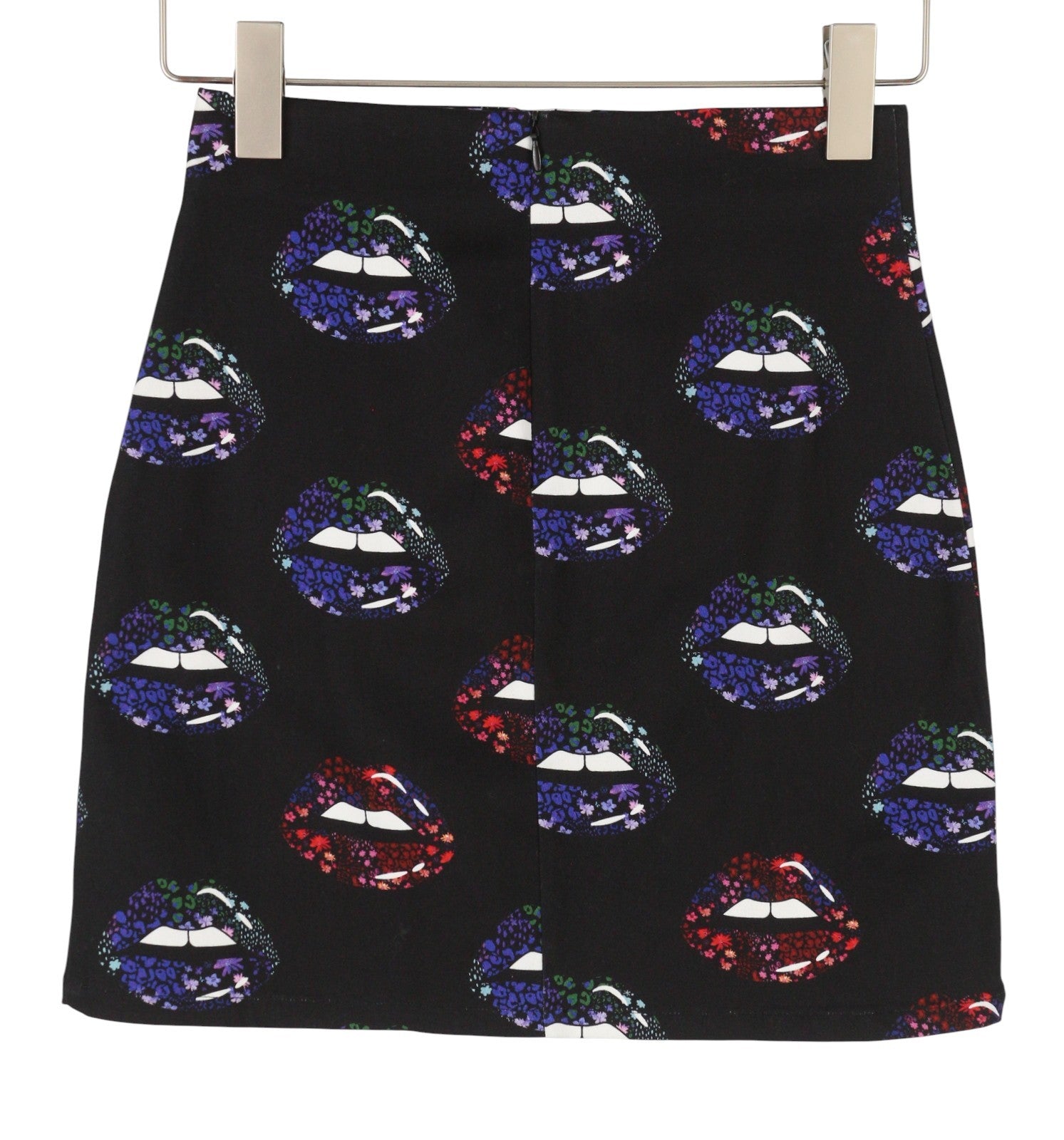 DESIGUAL Women Skirt XS Black Lips Print Fitted Zip Fly Mini
