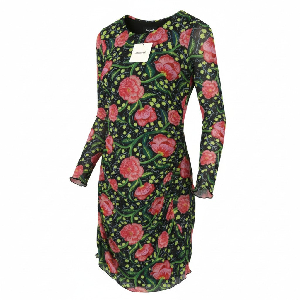 DESIGUAL Roiane Women Dress M Flower Print Slim Fit Lined Knee-Length