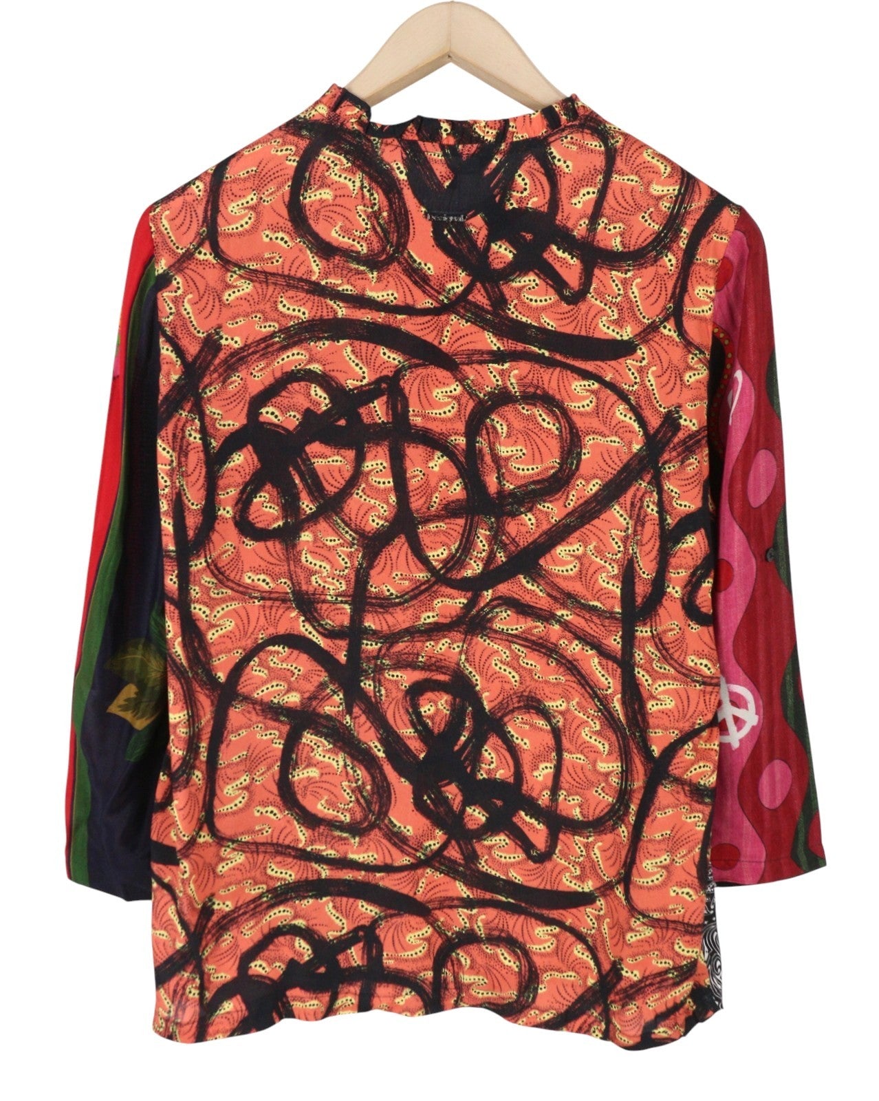 DESIGUAL Jenica Women Blouse L Colourful Ethnic Print Button 3/4 Roll Sleeve