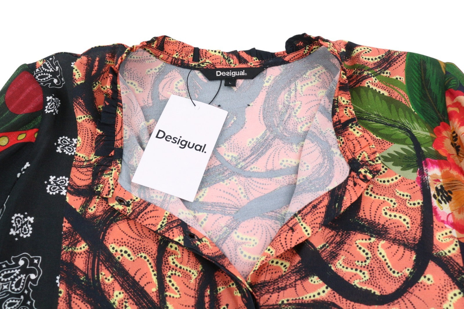 DESIGUAL Jenica Women Blouse L Colourful Ethnic Print Button 3/4 Roll Sleeve